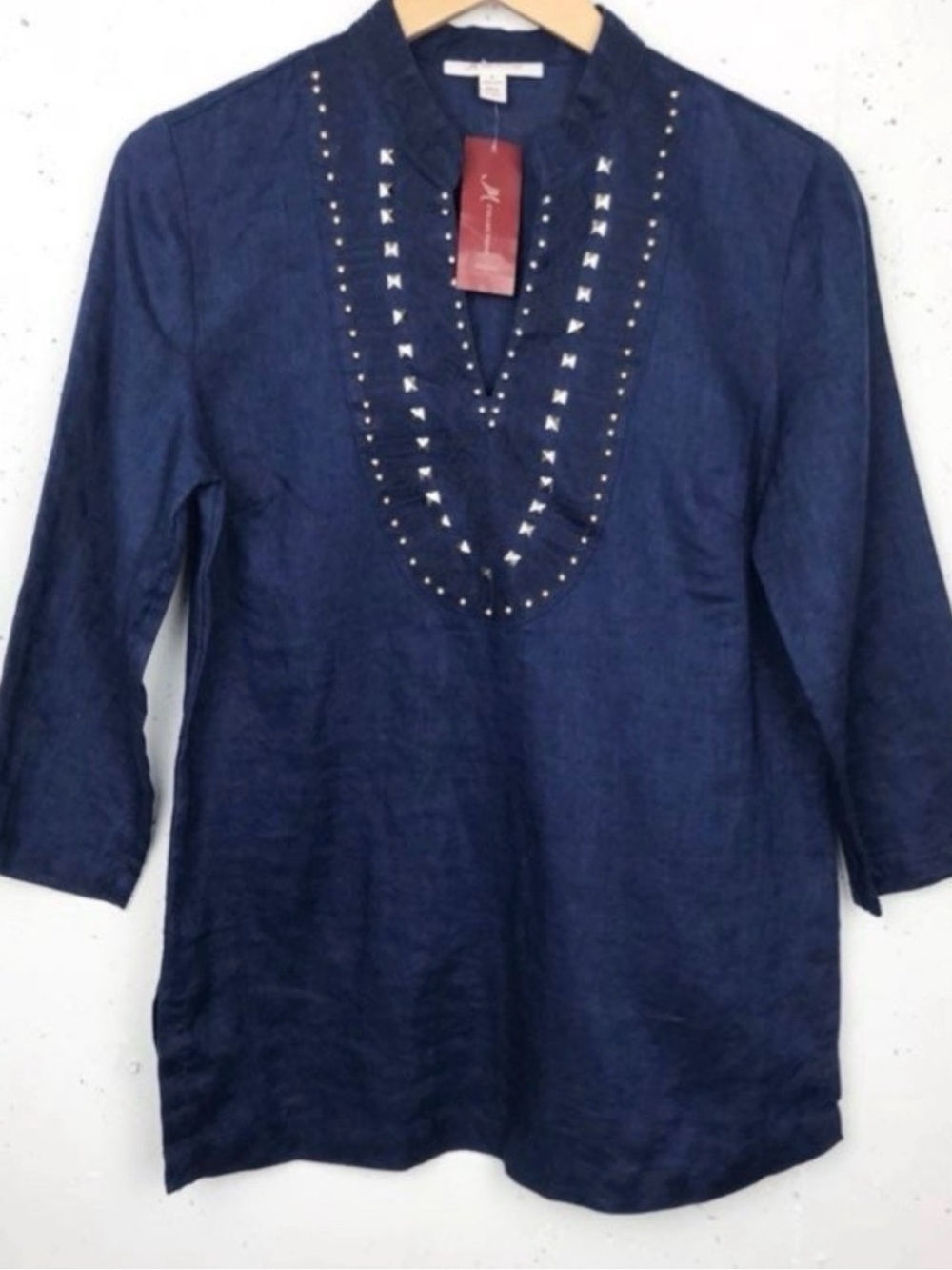 JM Collection Navy Embellished Linen Tunic - Picture 6 of 10